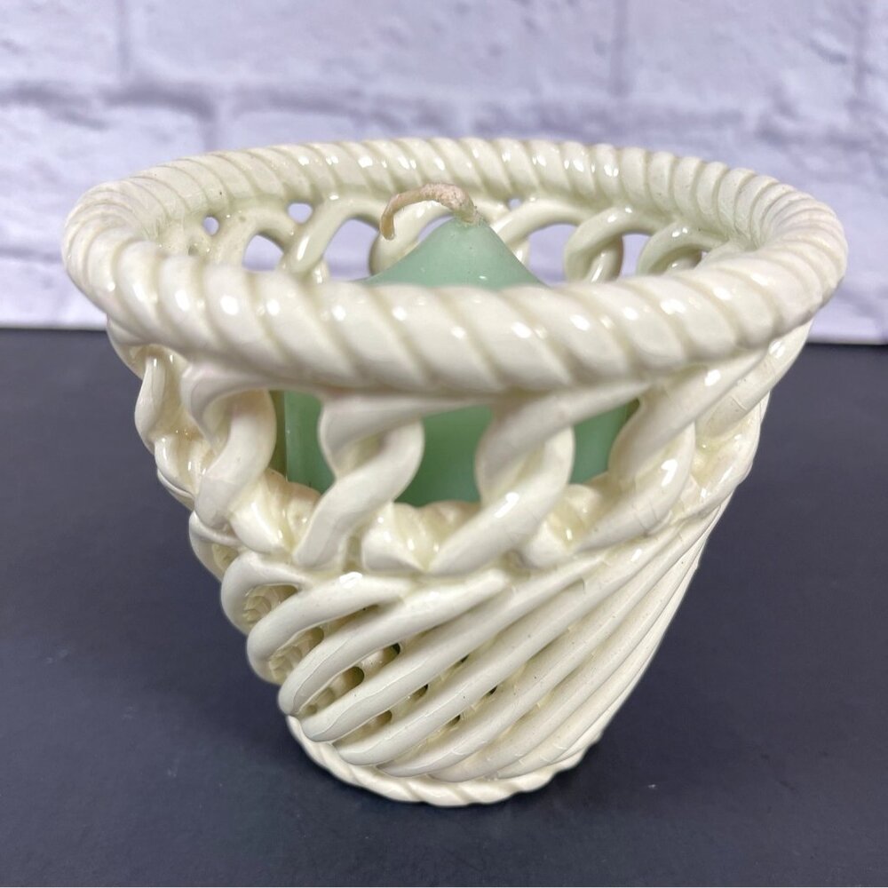 VTG Candle Holder Twisted Rope Lace Ceramic Spain Pottery Pot Cream Open Weave